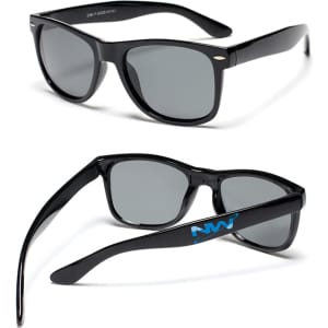 A pair of black sunglasses with grey lenses and a logo on the temple, presented with a glasses bag.