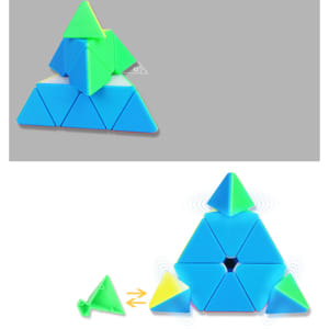 A triangular cube made of blue and green pieces, stacked in a pyramid shape. It features a playful, modular design.