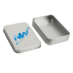 A silver tinplate box with a detachable lid and a logo on the front.