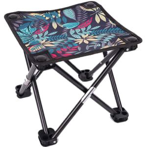 A folding stool with a floral pattern seat and a black metal frame, featuring a compact design for easy portability.