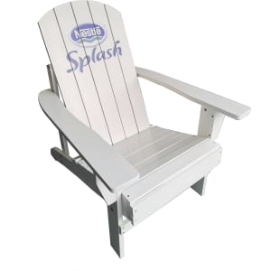 A white folding Adirondack chair with a logo on the backrest.