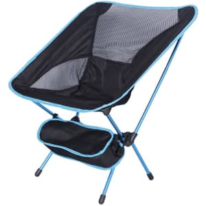 A folding fishing chair in black with blue accents and a side pocket, featuring a lightweight design.