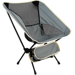 A folding fishing chair in grey with a mesh seat and a travel bag attached for easy transport.