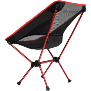 A black and red folding chair with a mesh back and red legs, featuring a compact design for easy transport.