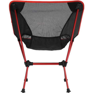 A folding chair with a red frame and black mesh seating. It features a compact design and has a travel bag.