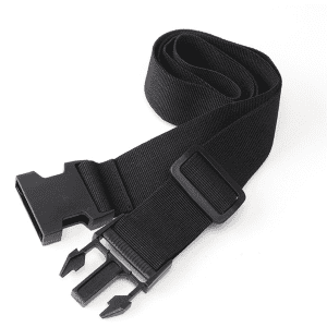 Black luggage strap featuring durable clips and a slide buckle for adjustment. Ideal for securing suitcase contents.