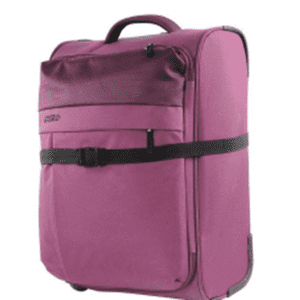 A purple suitcase with a handle and black straps. The bag features a large front pocket and wheels.