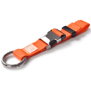 An orange luggage belt featuring a metal buckle and a ring, made from durable fabric material.