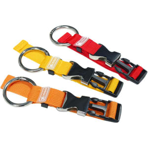 Three luggage belts in red, yellow, and orange, each with a metal ring and plastic buckle. The belts feature a logo.