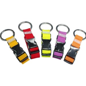 A set of four luggage belts in red, yellow, purple, and orange, each with a metal loop and a logo.