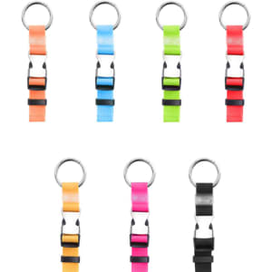 Luggage belts in various colours including orange, blue, green, pink, and black, featuring a metal ring and clips.