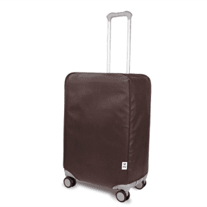A brown non-woven dust-proof cover for luggage, featuring wheels and a retractable handle. It has a logo.