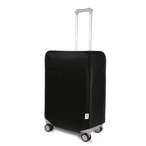 A black non-woven luggage dust proof cover for a suitcase with wheels and an extendable handle.