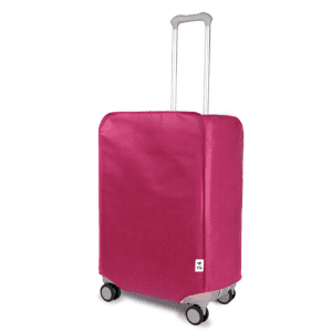 A pink non-woven luggage dust proof cover with wheels and a telescopic handle. It features a logo.