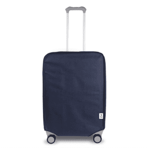 A navy non-woven luggage dust proof cover with a handle and wheels, featuring a logo.