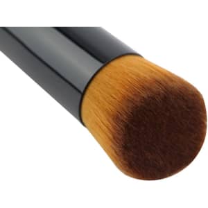 A single makeup brush with a round, soft bristle head and a sleek black handle.