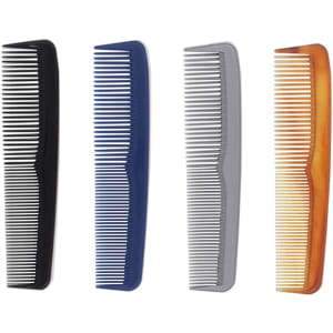 A double-head comb set featuring black, blue, grey, and brown combs on a white background.