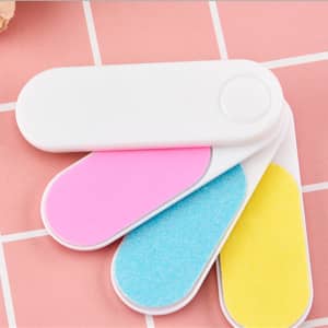 A nail file set featuring four files in pink, blue, yellow, and white, with a white casing and a logo.