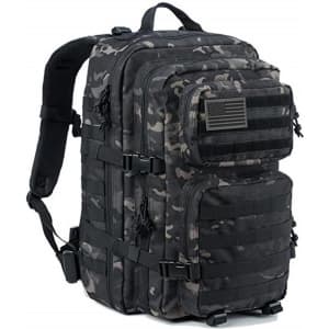A large tactical backpack in dark camouflage with multiple compartments and a patch area. Features adjustable straps and branding.