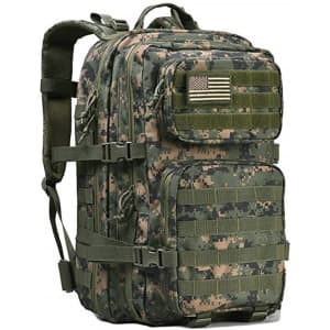 A large tactical backpack in a camouflage pattern with multiple compartments and a small patch area. It has a reinforced handle and shoulder straps.