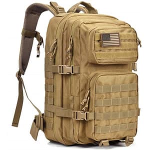 A large tactical backpack in tan colour featuring multiple compartments and a logo patch.