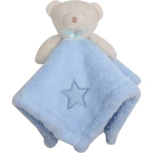 A light blue baby blanket featuring a plush bear head and a star emblem, with a soft, fluffy texture.