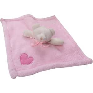 A pink bear baby blanket with a soft texture and a plush teddy bear attached, featuring an embroidered heart.