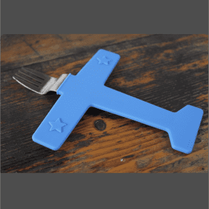 A blue airplane-shaped fork with a stainless steel prong, featuring star designs on the wings.
