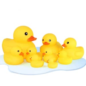 A collection of yellow rubber ducks in various sizes, featuring a playful design with black eyes and orange beaks.