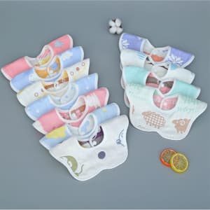 A set of colourful baby saliva towels in various pastel shades, featuring playful animal patterns and a logo.