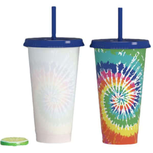 A drink bottle featuring a tie-dye design in vibrant colours, with a blue lid and straw, alongside a matching lid.