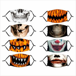A collection of Halloween masks featuring skull, pumpkin, clown, and monster designs in vibrant orange, black, and white.