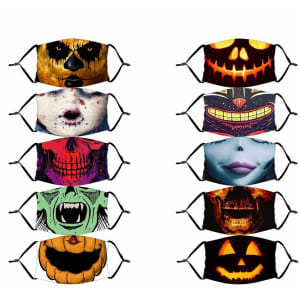 A collection of Halloween masks featuring various spooky designs, including monsters, skulls, and pumpkins, predominantly in black, orange, and green.