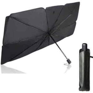 A black car windshield sunshade with a compact carrying case, designed to protect interiors from sunlight.