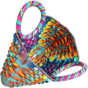 A vibrant multi-coloured handbag with a textured bubble design and two round handles. It has a playful, eye-catching appearance.