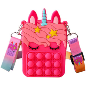 A pink unicorn-shaped bag with a pop fidget design and colourful straps featuring playful decorations.