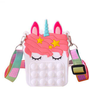 A unicorn-shaped bag in pink and white, featuring a rainbow strap and pop fidget elements. Includes eye-catching details.