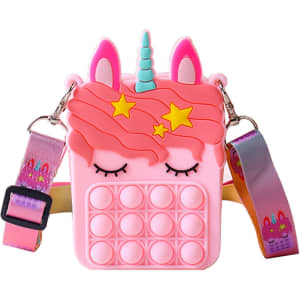 A pink unicorn-shaped bag with a pop fidget design and colourful strap features stars and a horn. It has a logo.