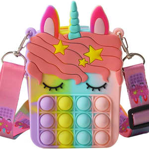 A unicorn-shaped bag in pastel colours with pink hair, a horn, and a bubble popping feature on the front.
