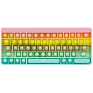 A fidget keyboard in pastel colours, featuring round keys and a gradient design from pink to green.