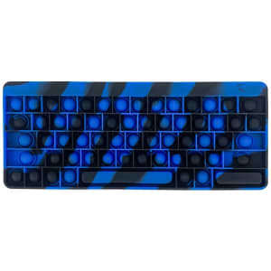 A blue and black Pop Fidget Keyboard featuring bubble-like keys, with a textured design and branding.