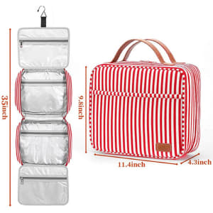 A red and white striped hanging travel toiletry bag with multiple transparent compartments and a handle.