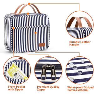 A striped hanging travel toiletry bag in navy and white, featuring multiple pockets and a durable waterproof design.