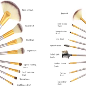 A set of 18 makeup brushes in gold and silver, including various styles like fan, blush, and angled brushes.