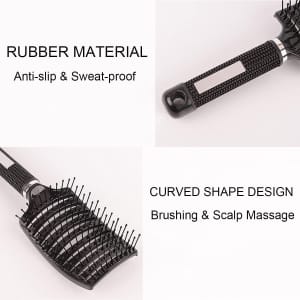 A paddle hair brush featuring a rubber handle for a non-slip grip and a curved shape for effective styling and scalp massage.