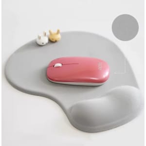 A grey office mousepad with a pink mouse and two small decorative figures. Features a wrist rest section.