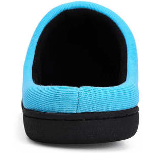 A blue two-tone memory foam slipper with a black sole, featuring a rounded opening. It has a simple design and a logo.