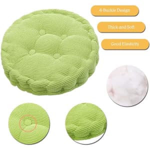 Round seat cushion in vibrant green colour with a textured surface, featuring a four-buckle design for added support.