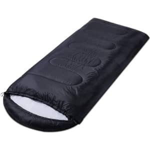 A lightweight backpacking sleeping bag in black, featuring a smooth exterior and a rounded opening at one end.