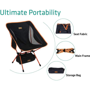 A lightweight portable folding chair in black and orange, with a mesh seat and a storage bag. Includes main frame details.